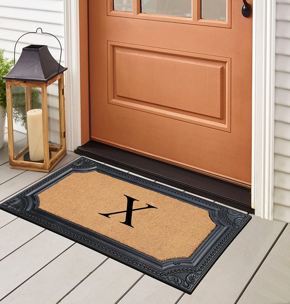 Angela Bronze Finished Black/Beige 24"x39" Monogrammed Doormat, X