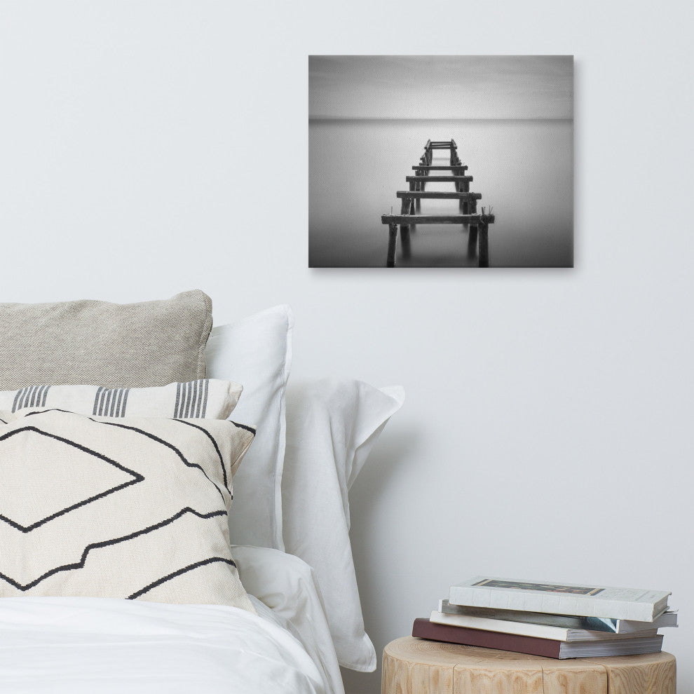 Soft Lake and Abandoned Pier Black and White Landscape Photo Canvas Art Print, 16" X 20"