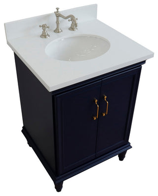 25" Single Vanity, Blue Finish With White Engineered Stone Top And Oval Sink