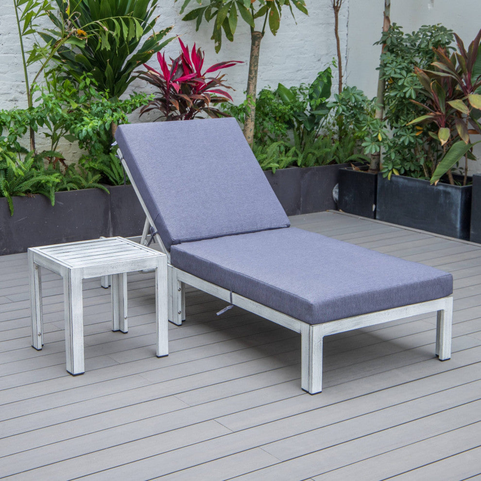 LeisureMod Chelsea Weathered Gray Chaise Lounge and Side Table, Blue