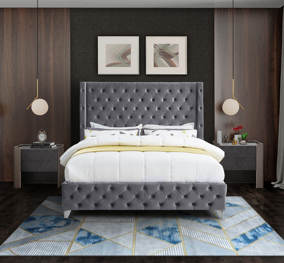 Savan Velvet Upholstered Bed, Gray, Queen