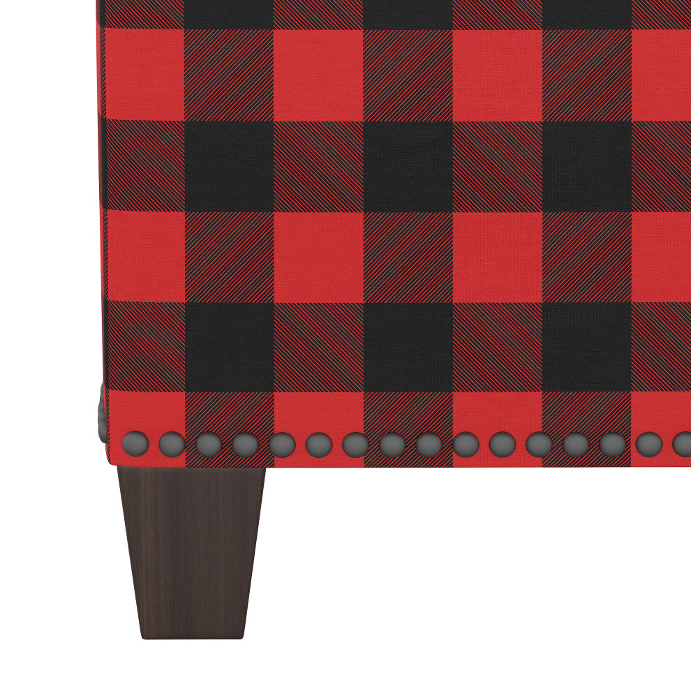 Quinn Square Nail Button Ottoman, Classic Gingham Red Black