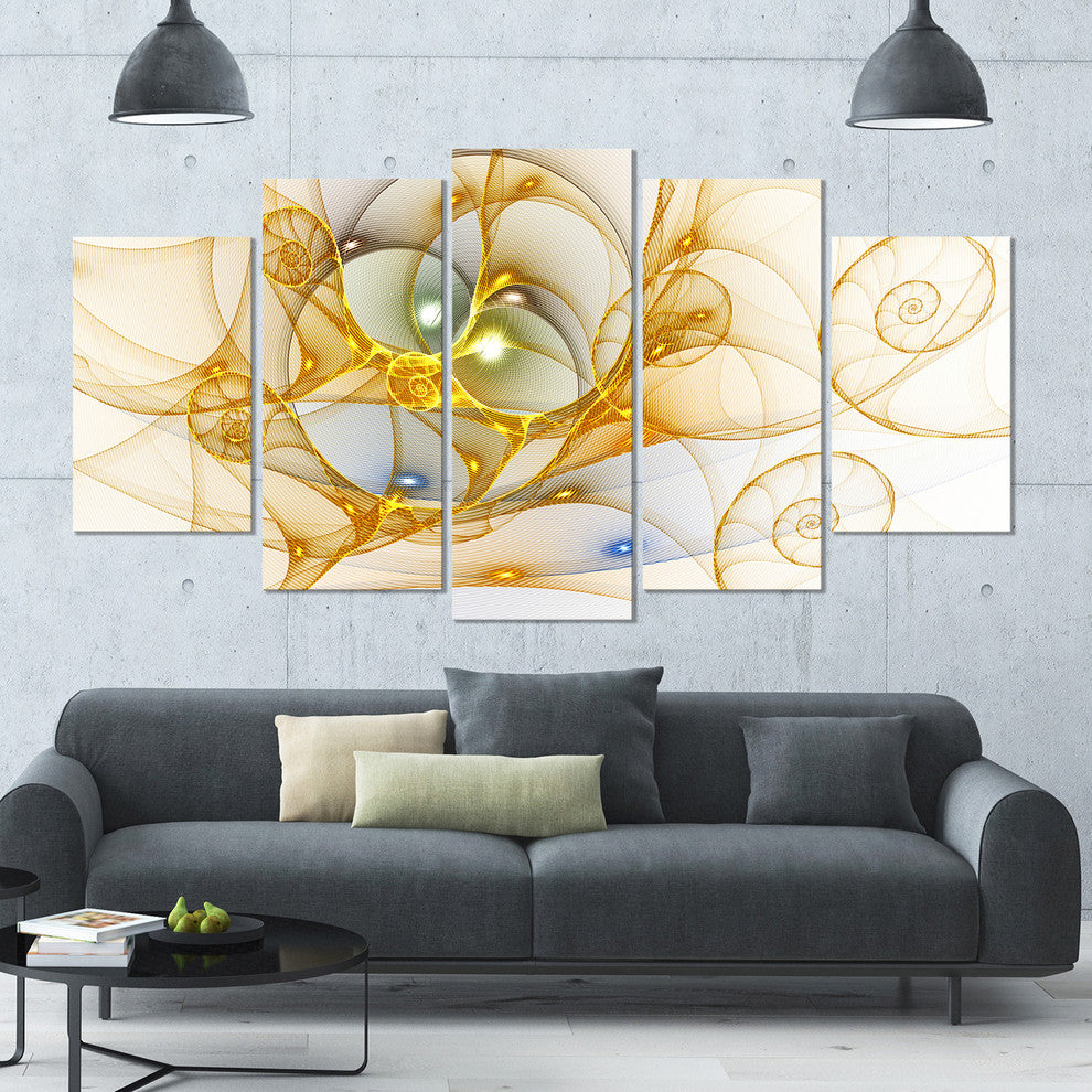 Golden Colored Curly Spiral, Contemporary Wall Art Canvas, 60"x32", 5 Panels