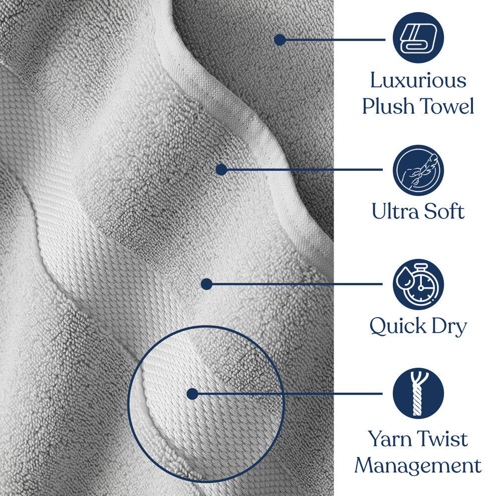 Delara 10-Piece Solid 100% Organic Cotton Plush Bath Towel Set 30"x58", Light Grey