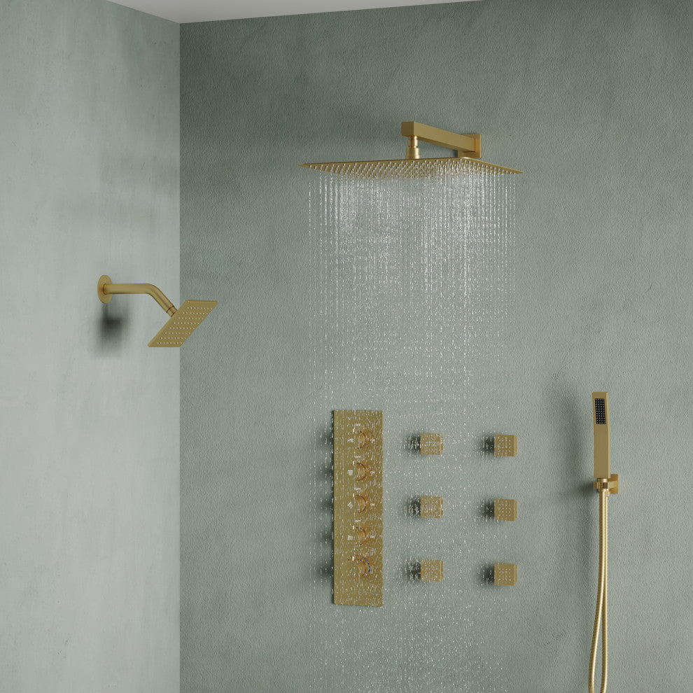 Dual Heads 16" Thermostatic Shower System With Hand Shower, Brushed Gold