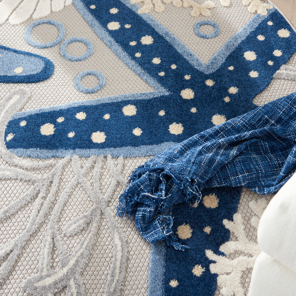 Nourison Aloha 4' x Round Blue/Grey Coastal, Nautical & Beach Area Rug