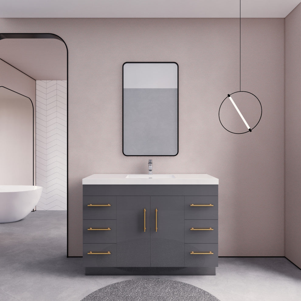 Rosa 48" Free Standing Modern Vanity, High Gloss Gray, White Top