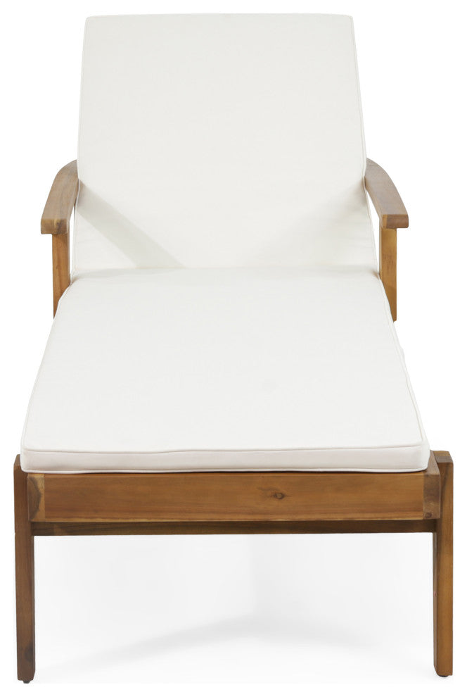Lucknow Outdoor Acacia Wood Chaise Lounge with Water Resistant Cushion, Set of 2, Cream + Teak