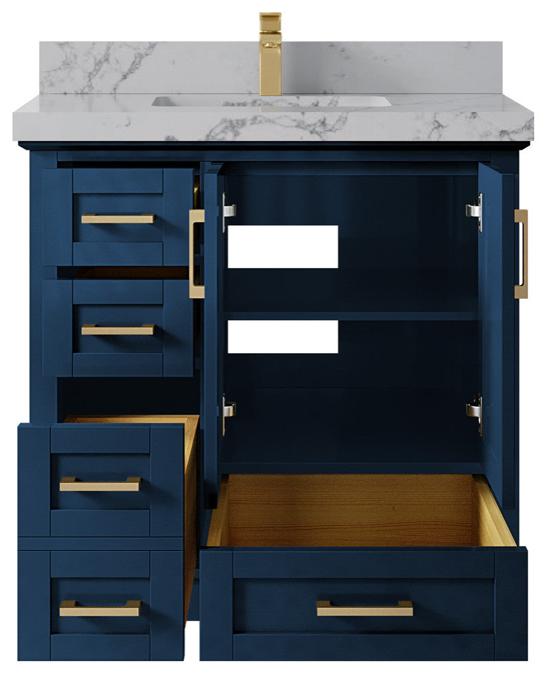 Boston 36 Center Sink Bath Vanity in Navy Blue 2" Venatino Quartz