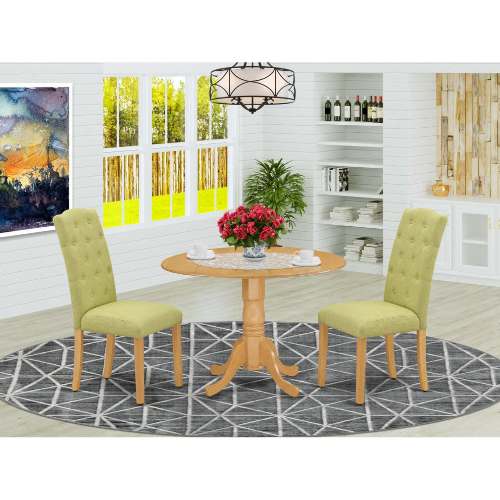 3Pc Dinette Set, Small Rounded Table, Drop Leaves, Two Chairs, Oak