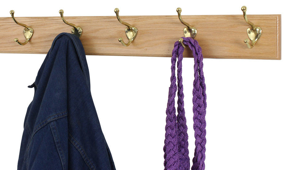 Solid Oak Wall Coat Rack, Brass Hooks, Natural, 25.5"x3.5", 5-Hooks