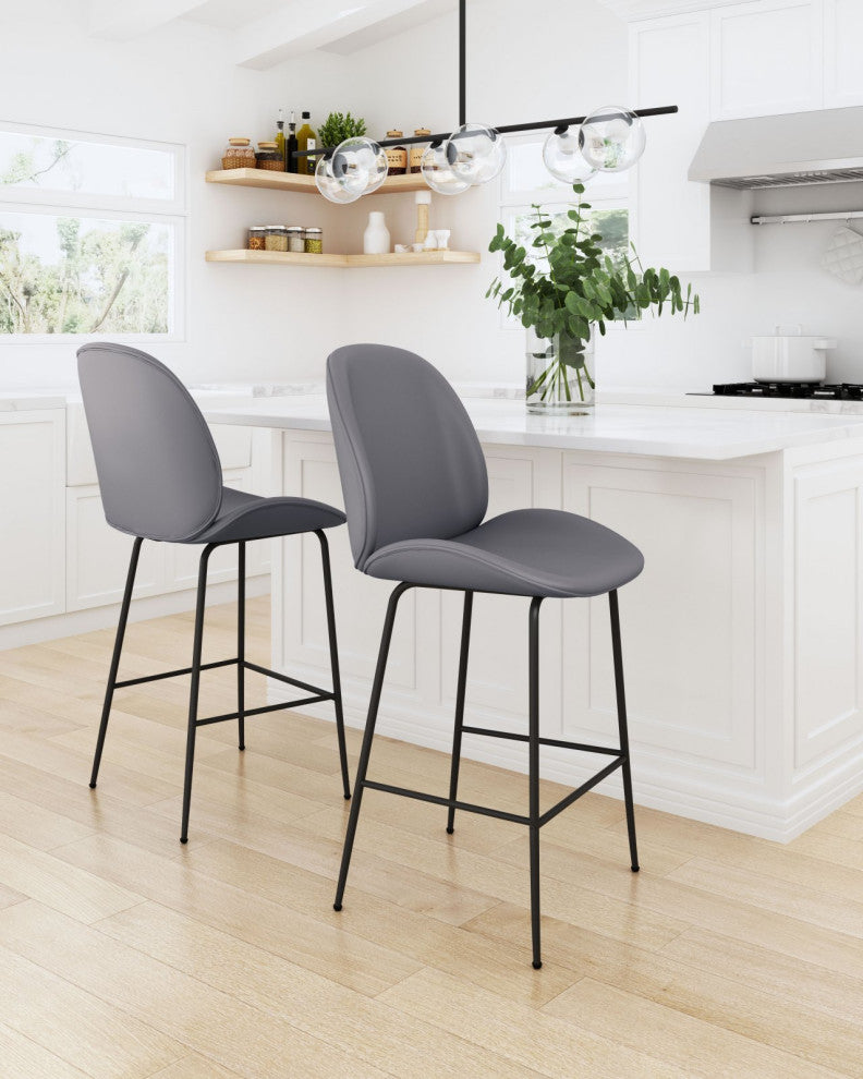 Counter Stool Chair, Steel Metal, Fabric, Gray, Black, Kitchen Cafe Bistro
