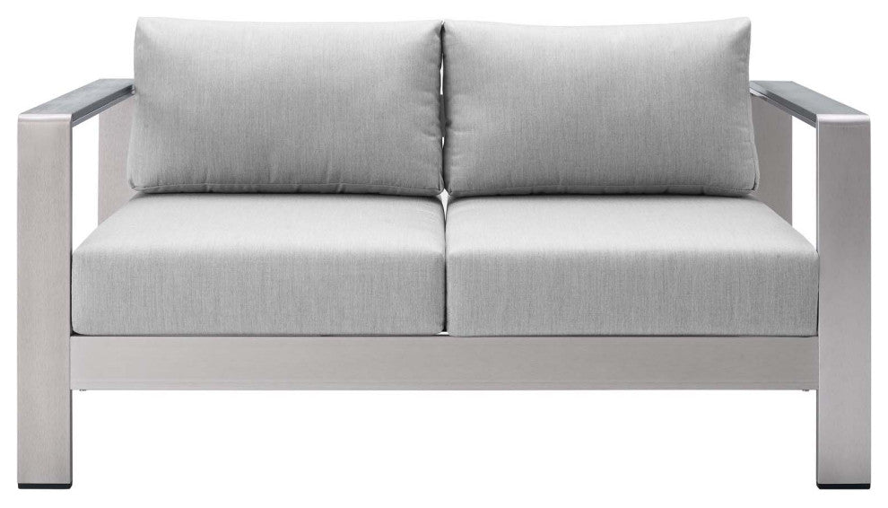 Lounge Loveseat Sofa, Sunbrella, Fabric, Aluminum, Silver Gray, Outdoor
