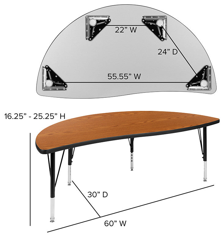 3 Piece 86" Oval Wave Activity Table Set - Height Adj. Short Legs, Oak