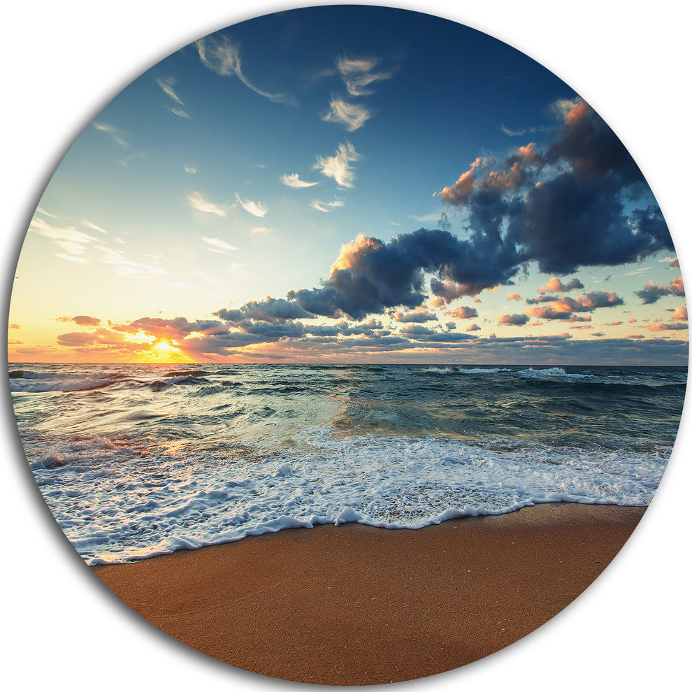 Sunrise And Glowing Waves In Ocean, Seashore Disc Metal Artwork, 11"