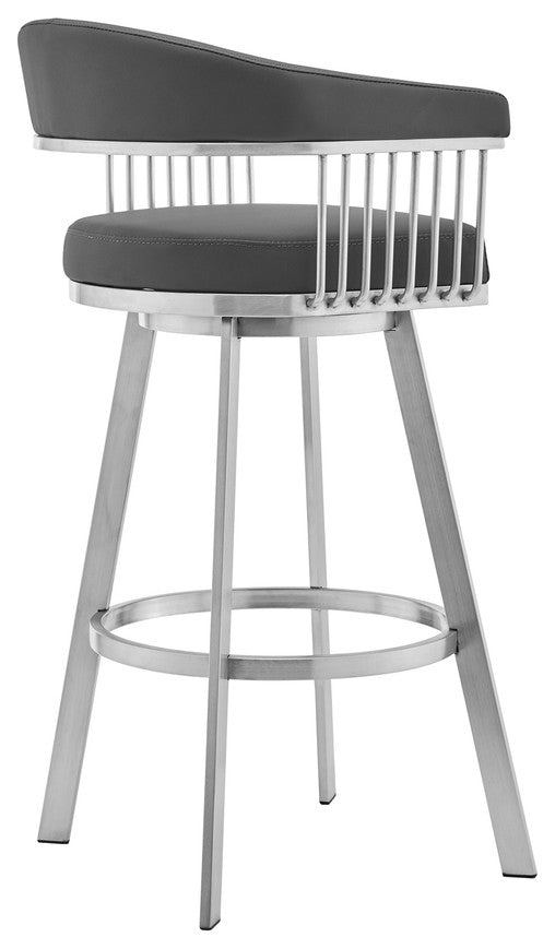30" Mod Grey Faux Leather Brushed Silver Finish Swivel Bar Stool
