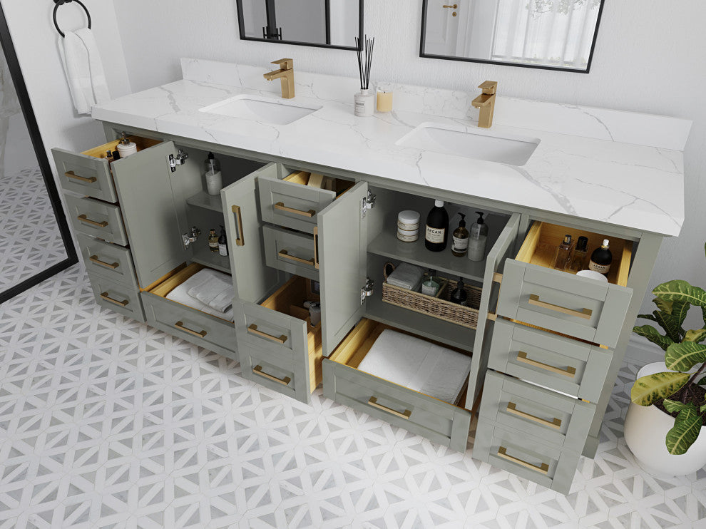 Boston 84 Double Sink Bath Vanity in Evergreen 2" White Quartz