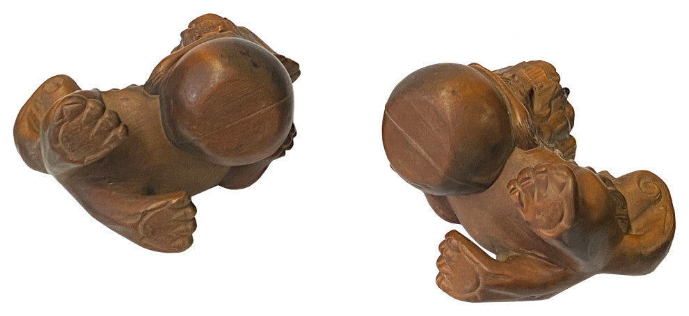 Chinese Pair Wood Carved Mini Foo Dog Lion FengShui Figures Hws2386