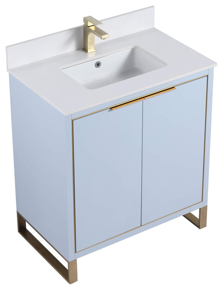 Opulence Bath Vanity, Pastel Blue, 30", Satin Brass Hardware, White Top