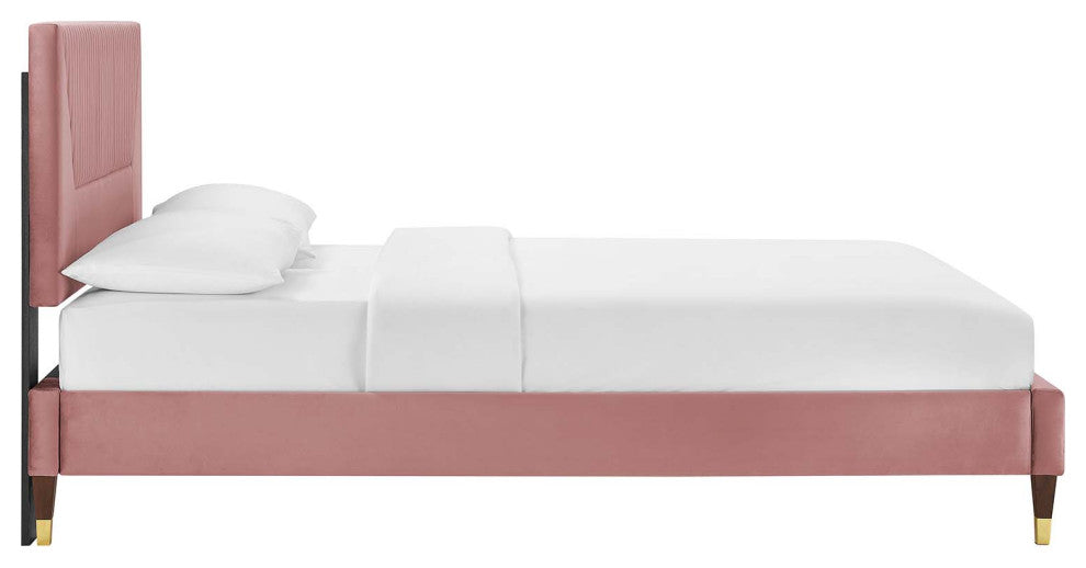 Yasmine Channel Tufted Performance Velvet King Platform Bed, Dusty Rose