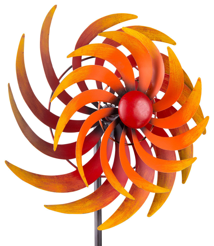 75" Tall Dual Metal Rustic Garden Kinetic Wind Spinner Stake, Red and Orange