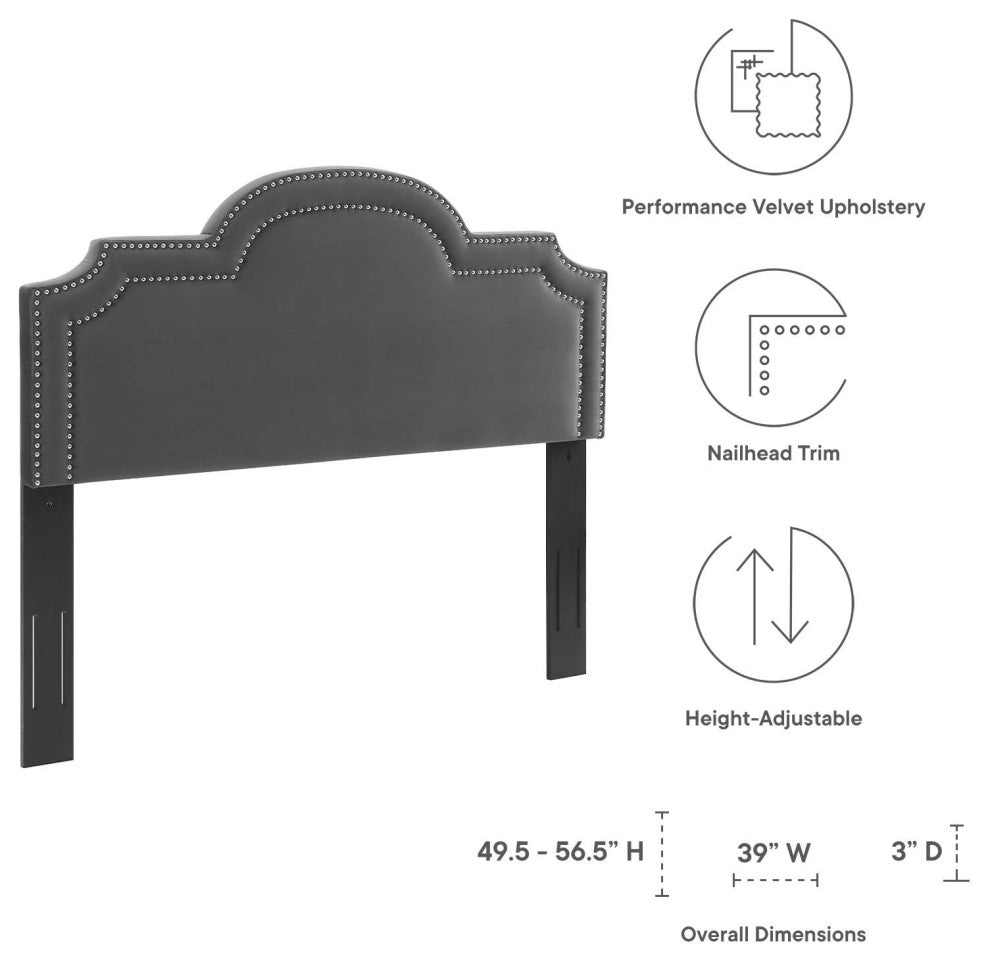 Headboard, Nailhead, Twin Size, Charcoal Gray, Velvet, Modern, Mid Century