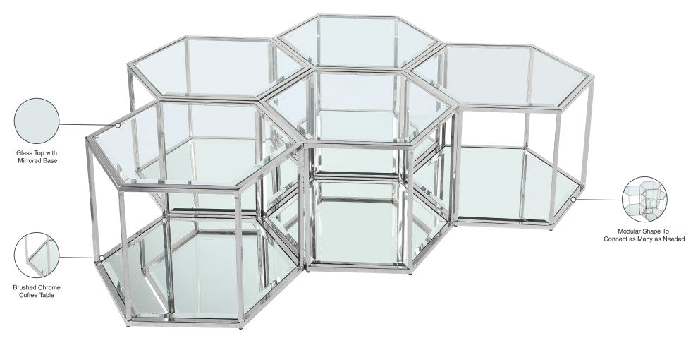 Sei Glass Top Coffee Table With Mirrored Base, Chrome, 5-Piece