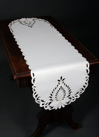 Wilshire Embroidered Cutwork Table Runner, White, 16"x70"