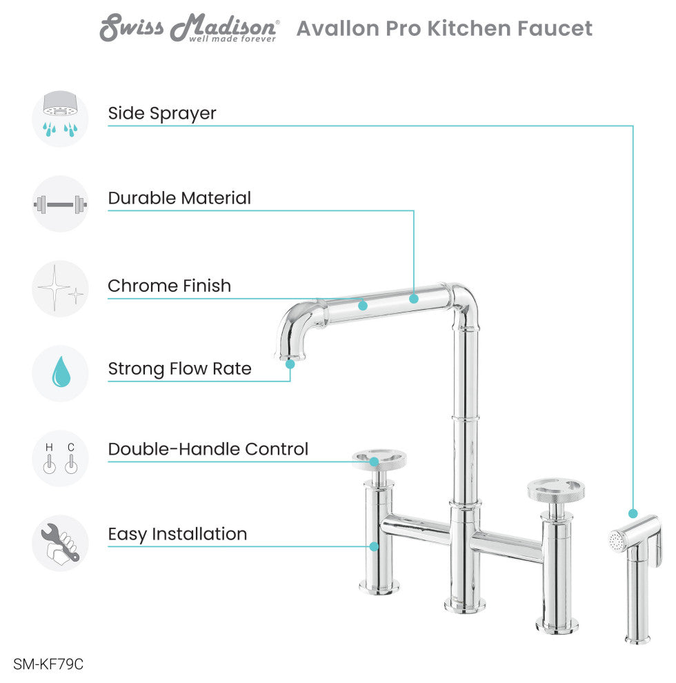 Avallon Pro Widespread Kitchen Faucet With Side Sprayer, Chrome