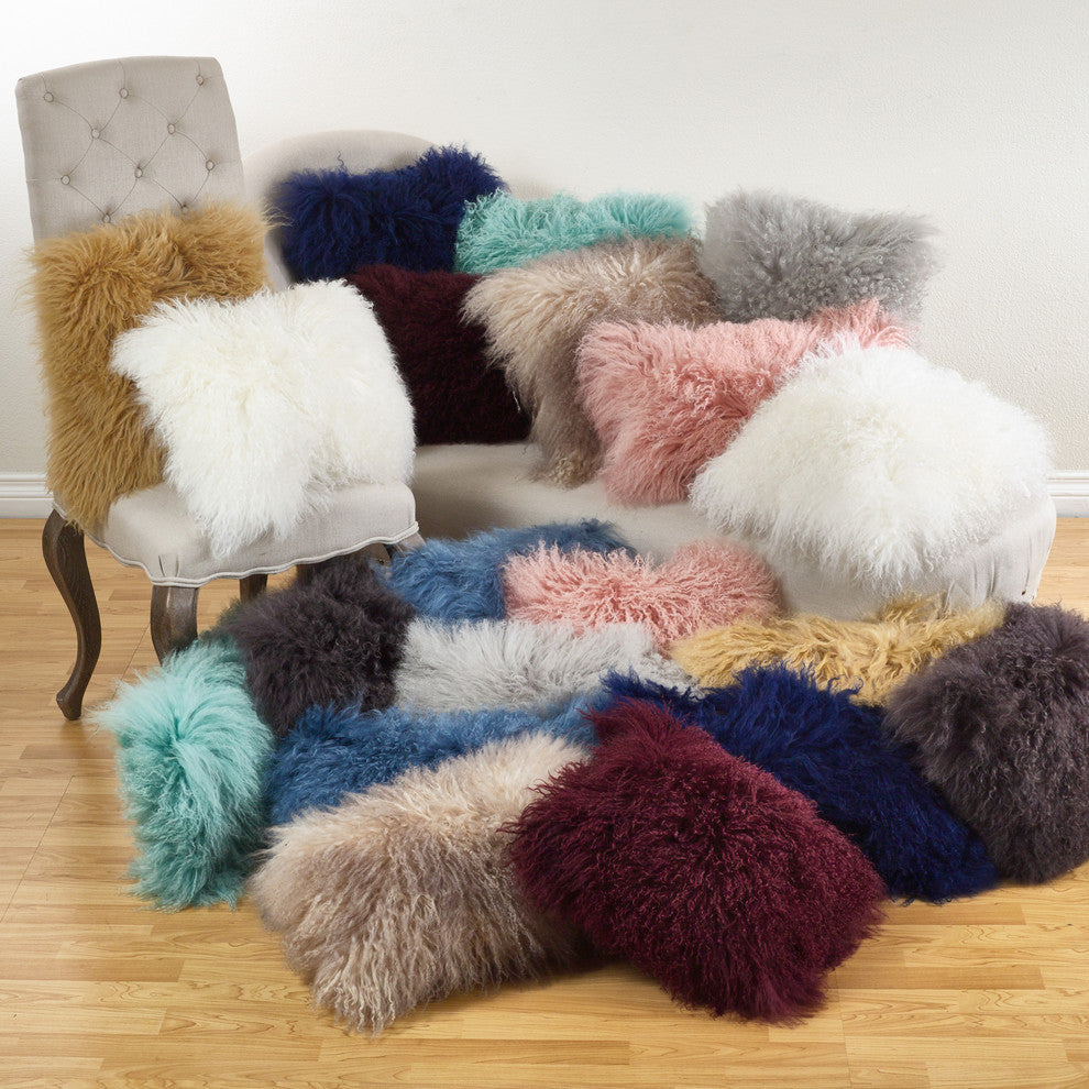 Mongolian Lamb Fur Poly Filled Throw Pillow, Ivory, 12"x20"