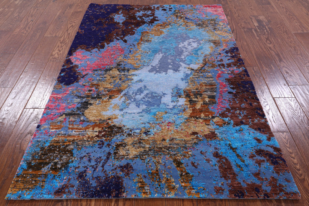 4' 0" X 5' 10" Wool and Silk Handmade Abstract Rug Q8791