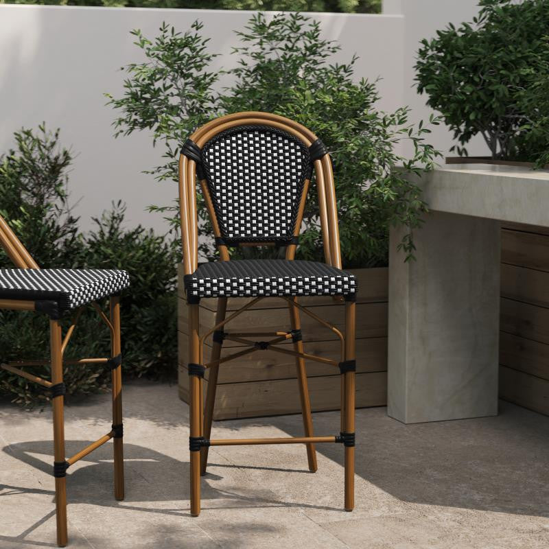 Set of 2 Stackable Indoor/Outdoor French Bistro 26" High Bar Stools, Black & White/Natural Frame