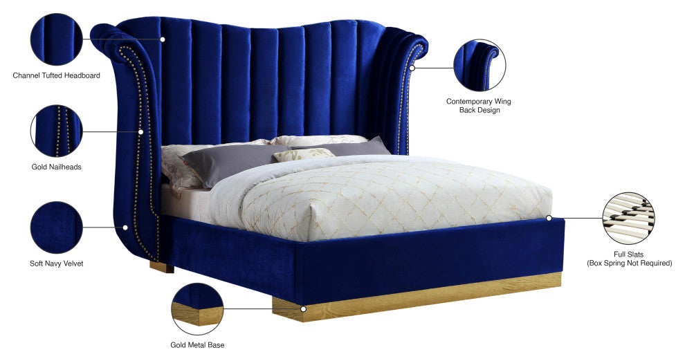 Flora Black Velvet Bed, Navy, Queen