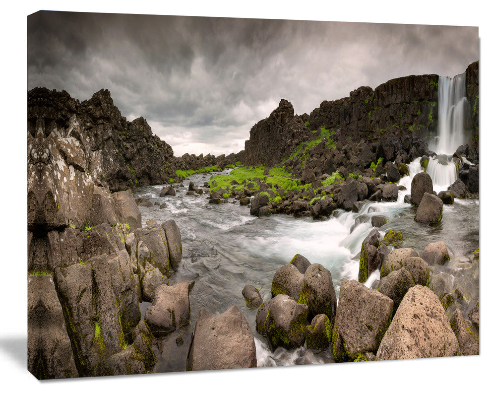 Dramatic Oxarafoss Waterfalls, Oversized Abstract Canvas Art Print, 60x40