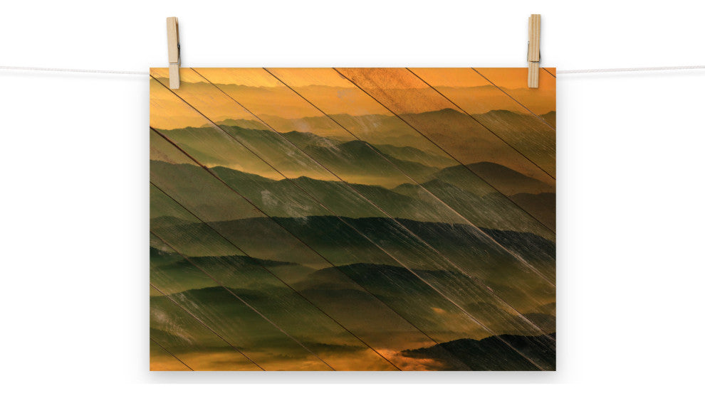 Faux Wood Foggy Mountain Layers at Sunset Landscape Unframed Wall Art Prints, 12" X 16"