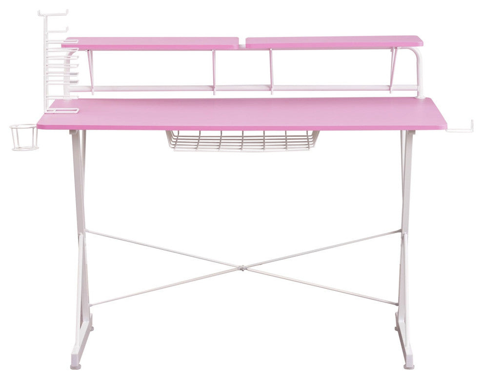 Techni Sport TS-200 Carbon Computer Gaming Desk with Shelving, Pink