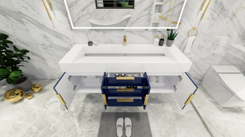 Madison 60" Wall Mounted  Single Sink Vanity with Reinforced Acrylic Sink, High Gloss Blue