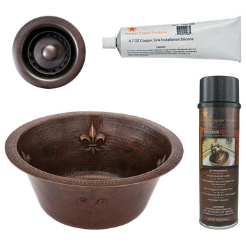 16" Round Copper Bar Sink, Fleur De Lis & 2" Drain Opening, Drain & Accessories