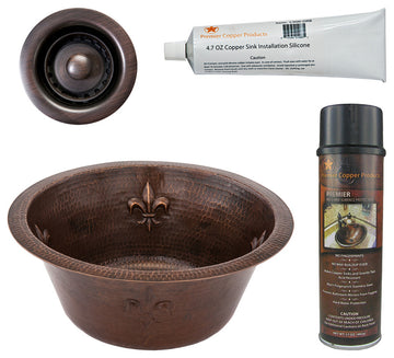 16" Round Copper Bar Sink, Fleur De Lis & 2" Drain Opening, Drain & Accessories