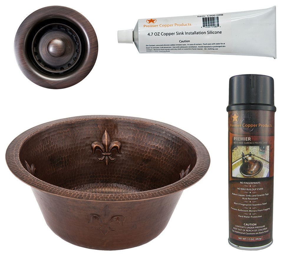 16" Round Copper Bar Sink, Fleur De Lis & 2" Drain Opening, Drain & Accessories
