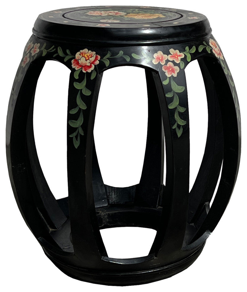 Chinese Black Color Flower Graphic Round Barrel Shape Wood Stool Hws3131