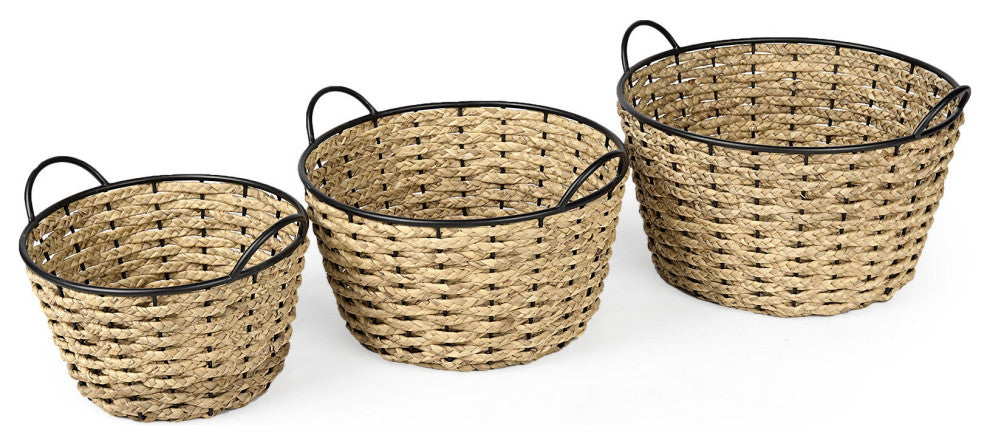 Set of Three Metal and Wicker Storage Baskets