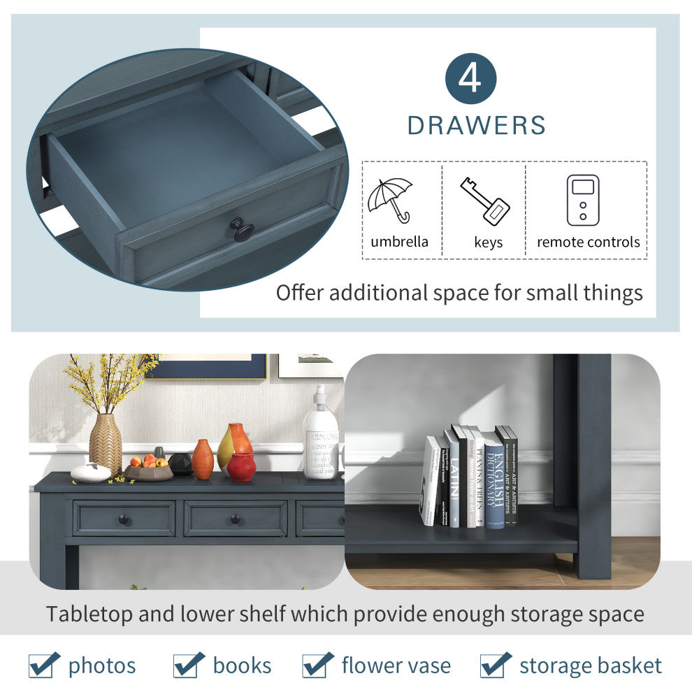 63"x30" Rustic Chic Console Table with Drawers and Shelf for Entryway Hallway, Navy