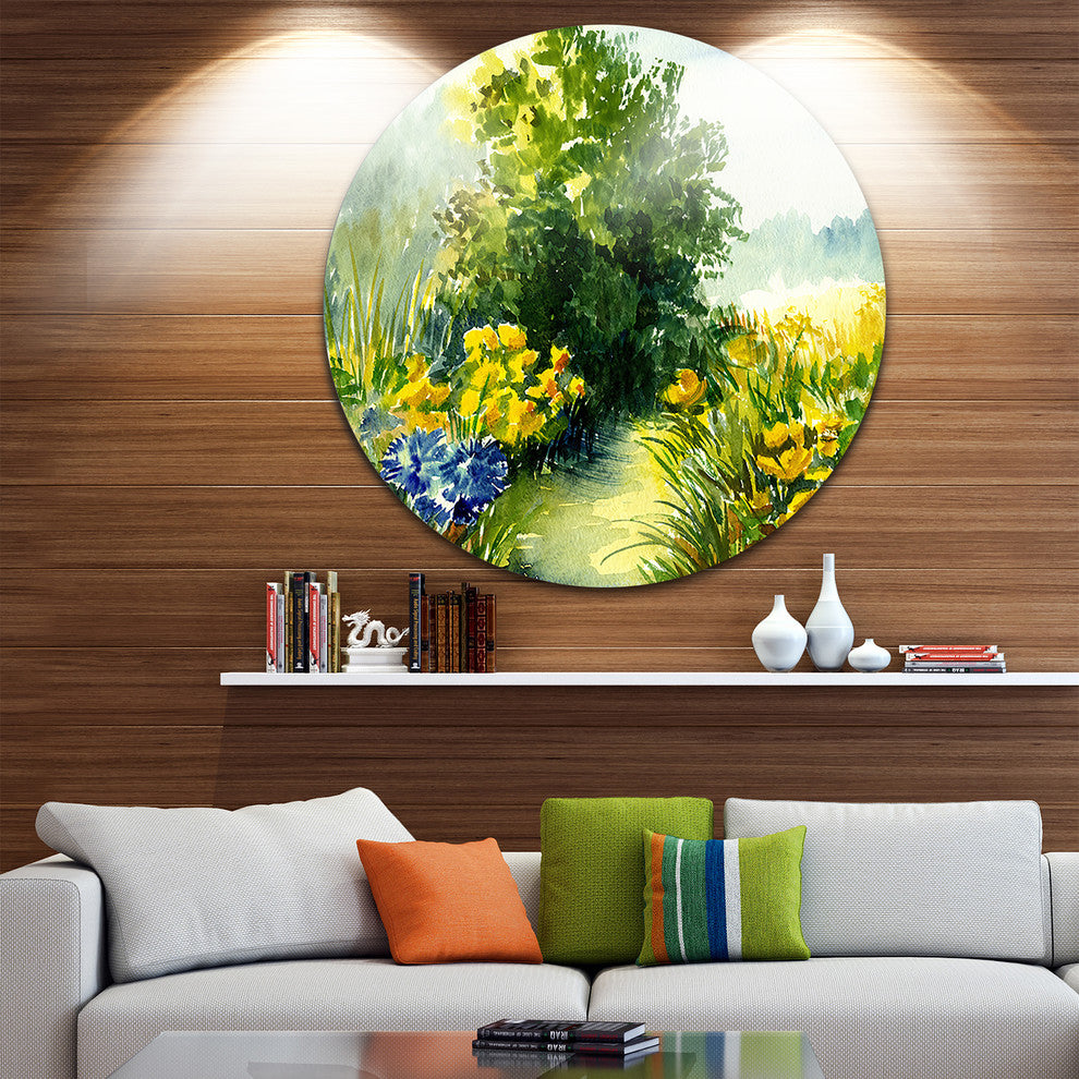 Watercolor Greenery, Landscape Round Metal Wall Art, 11"
