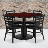 36" Square Black Laminate Table Set With 4 Ladder Back Chairs, Black Seat