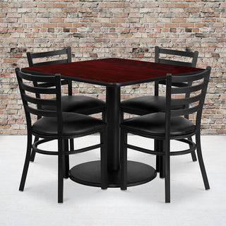 36" Square Black Laminate Table Set With 4 Ladder Back Chairs, Black Seat