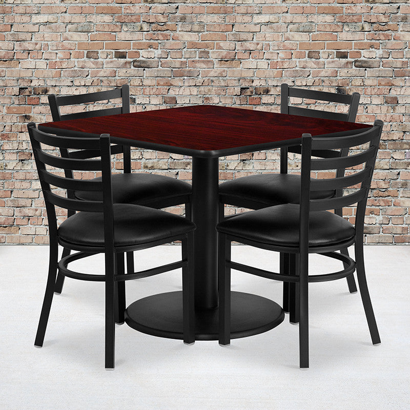 36" Square Black Laminate Table Set With 4 Ladder Back Chairs, Black Seat