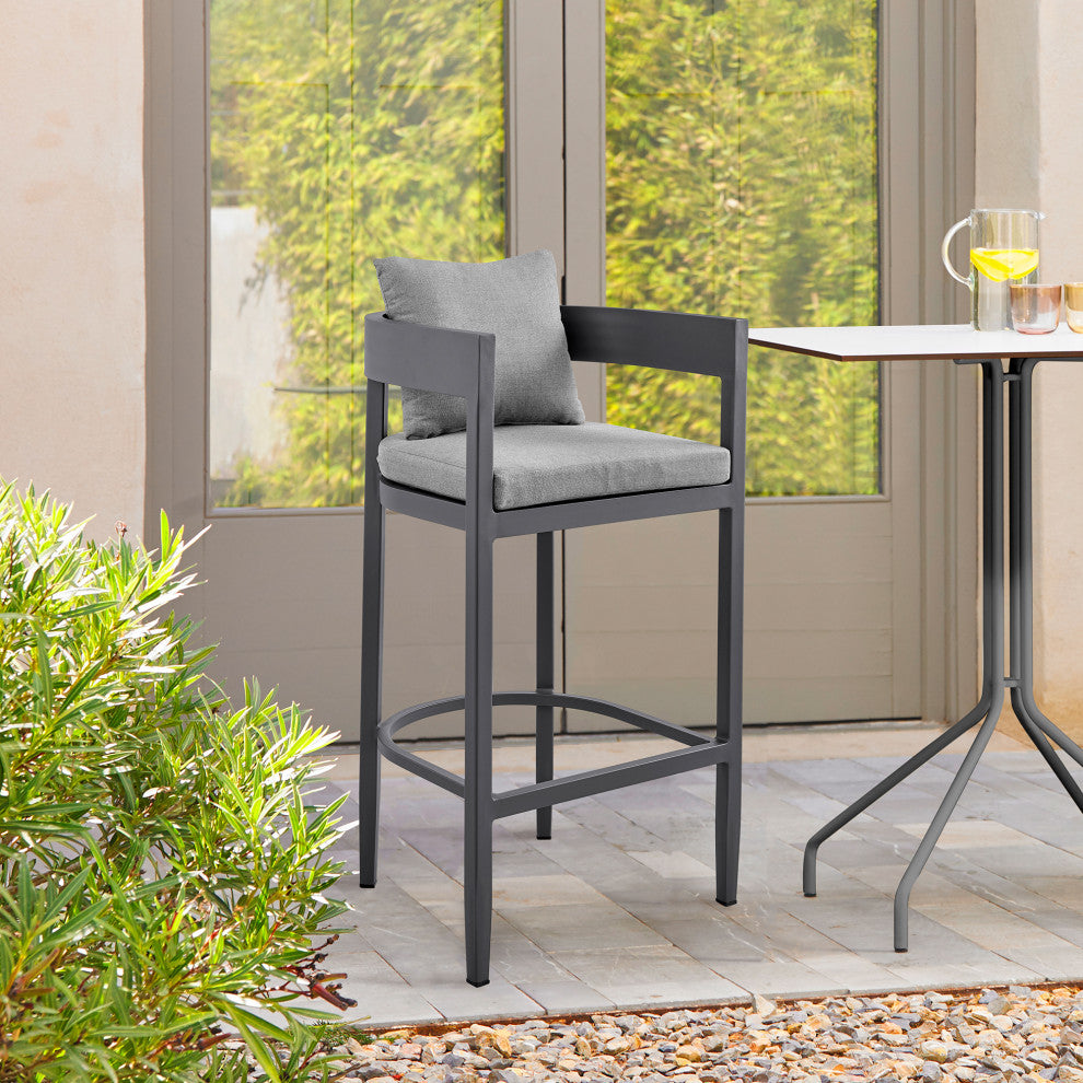 Menorca Outdoor Stool, Aluminum With Gray Cushions, Bar Height