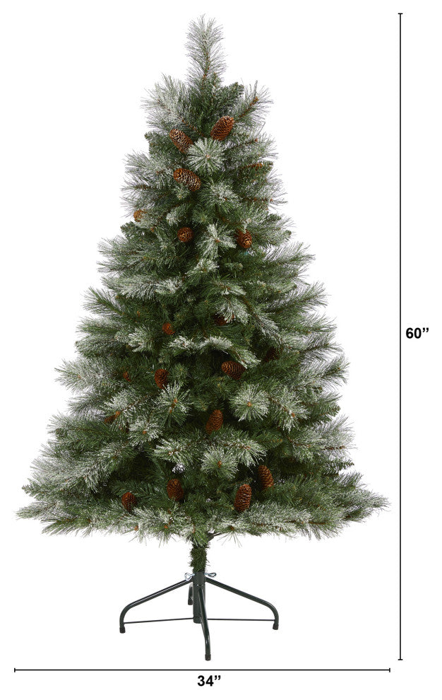 5' Snowed French Mountain Pine Faux Xmas Tree W/Bendable Branches & Pinecones