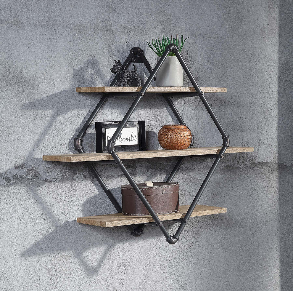 3 Tier Oak Wood Rhombic Floating Shelf With Metal Tube, Sandy Black